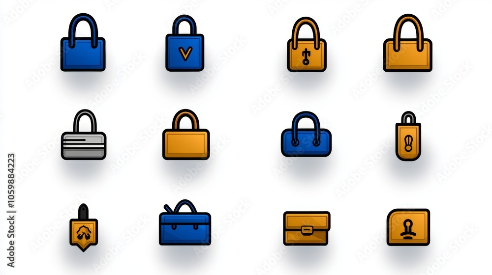 Poster blue and orange handbag icons set simple ui design elements