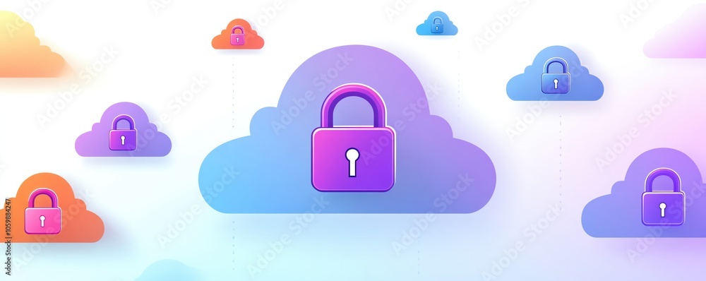 Poster colorful cloud storage with locks representing digital security and privacy in the online environmen