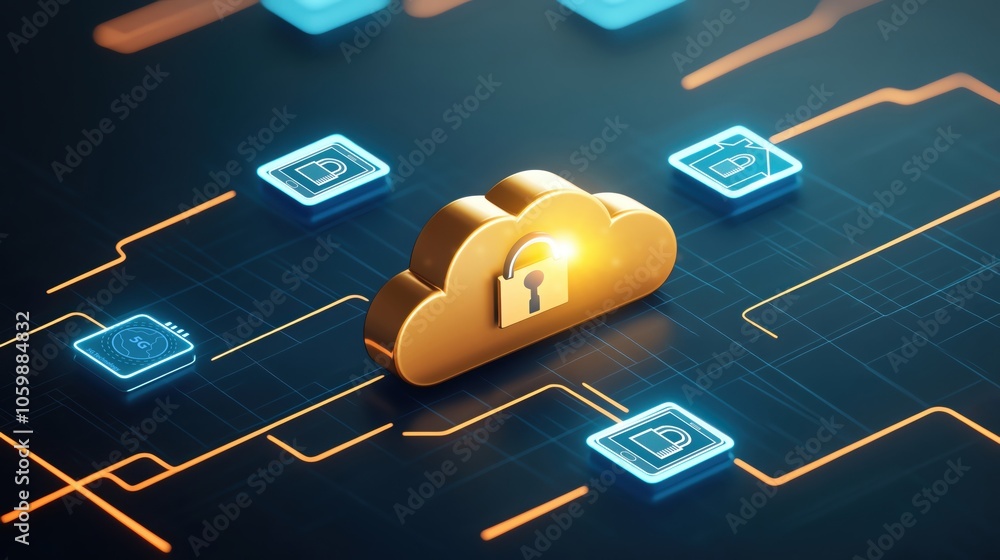 Poster golden cloud with a lock symbol, representing secure cloud storage and data protection in the digita
