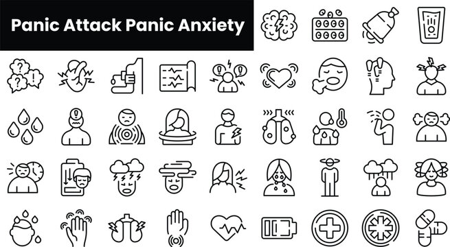Set of outline panic attack panic anxiety icons