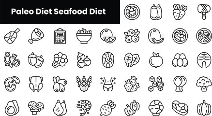 Set of outline paleo diet seafood diet icons