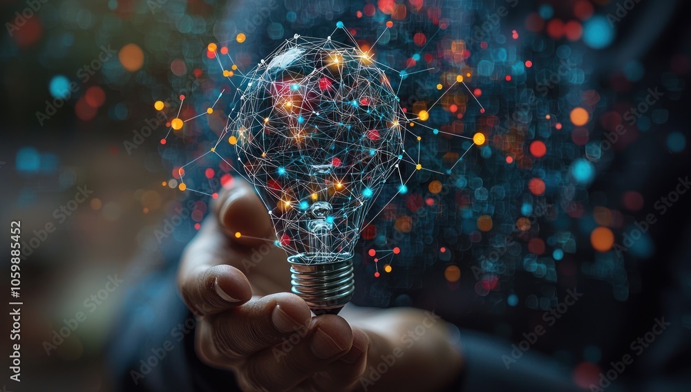 Aufkleber a hand holding a light bulb with connected network lines