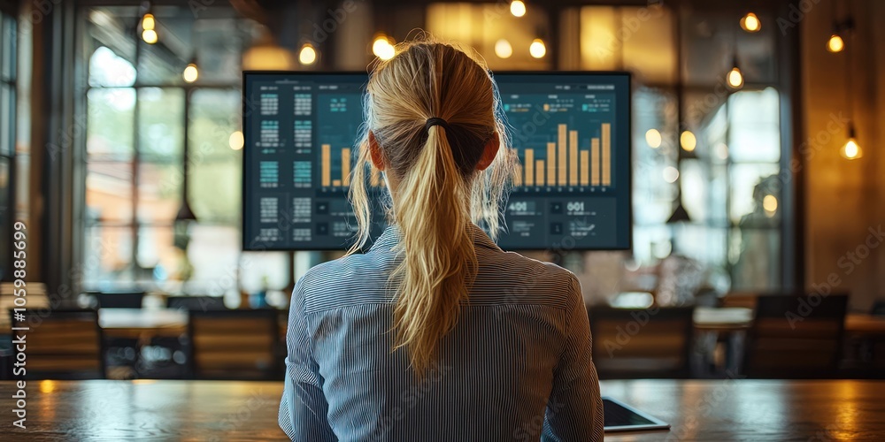 Poster woman in a striped shirt working at a computer with data on the screen