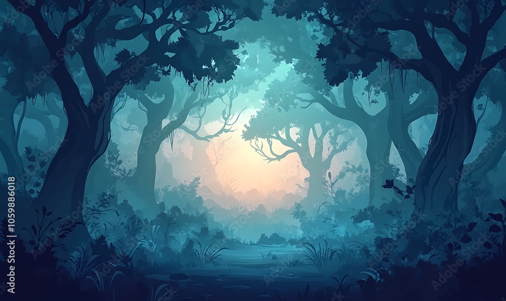 Poster a serene forest scene with mist and soft light filtering through trees.