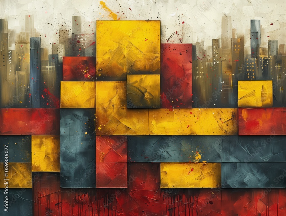 Poster abstract urban landscape with vibrant and dynamic geometric shapes in a cityscape setting