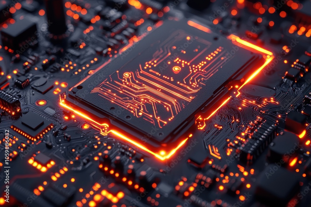 Poster Glowing Circuit Board with Orange Lines and Components