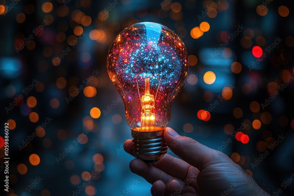 Poster a hand holds a lightbulb filled with colorful sparks against a bokeh background