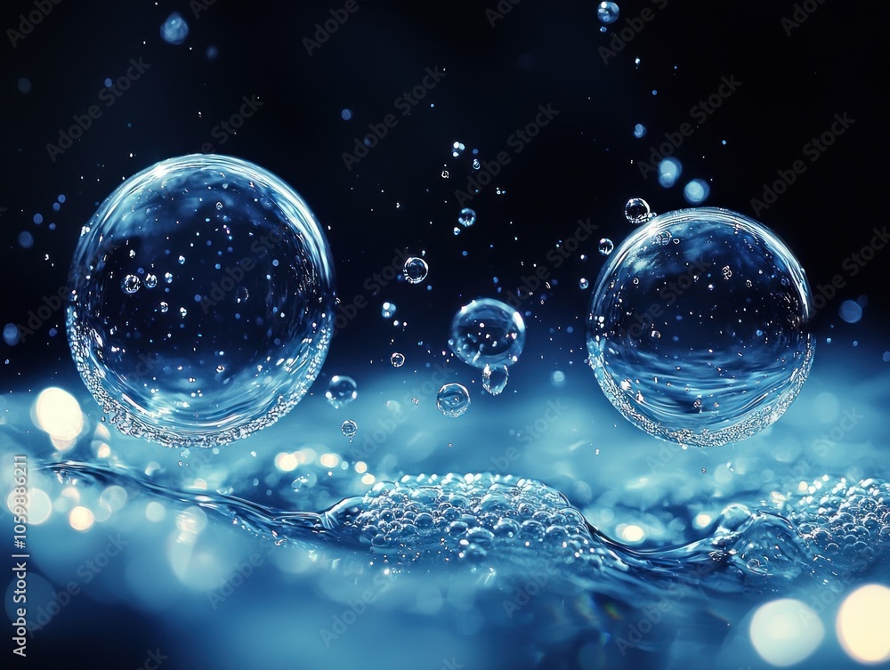 Poster two large water bubbles with smaller bubbles and ripples