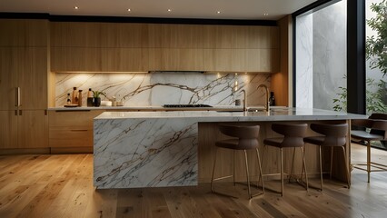 A marble counter and a wooden floor are features of a contemporary kitchen. The marble is clean, crisp, and light brown and gold