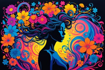 Vibrant floral silhouette amidst colorful gradient swirls