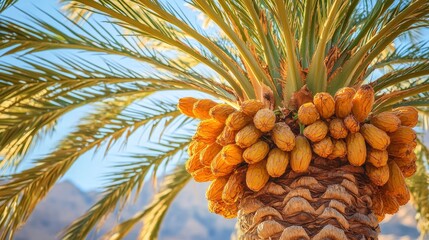 37.A close-up of a date palm tree&acirc;&euro;&trade;s crown, showing dense green fronds interspersed with bunches of ripe dates, glistening in the sunlight against a backdrop of a clear, arid landscape.
