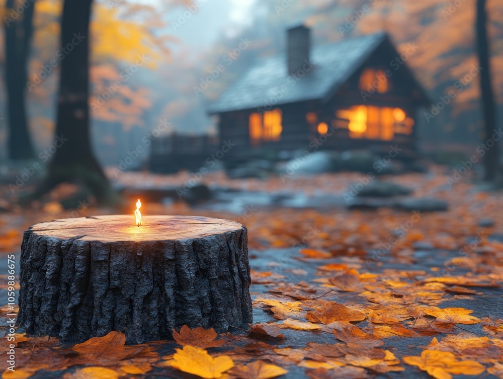 Poster a burning candle on a tree stump in a forest with a cabin in the distance