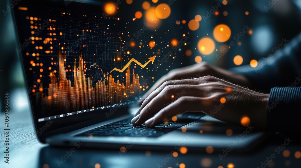 Poster hands typing on laptop with upward trending stock chart and bokeh lights