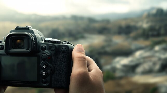 22.A digital SLR camera mid-use, being held by a photographer with their finger poised over the shutter button, in the background an out-of-focus landscape scene.