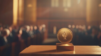 33.A gold medal on a wooden podium, with a blurred audience in the background, symbolizing victory and achievement in a prestigious award ceremony setting.