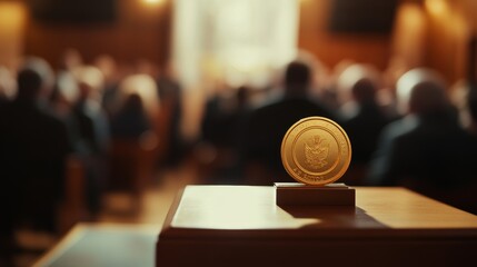 33.A gold medal on a wooden podium, with a blurred audience in the background, symbolizing victory and achievement in a prestigious award ceremony setting.