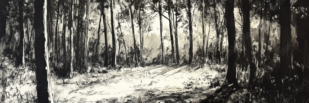 Poster a black ink sketch reveals a dense forest, showcasing intricately detailed trees and their shadows u