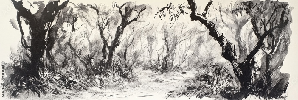 Poster this artwork showcases a dense forest rendered in black ink, highlighting intricate tree details and