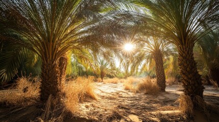 Obraz premium 40.A picturesque scene of a date palm tree oasis in the desert, surrounded by dry, sandy terrain, with sunlight filtering through the fronds and the shimmering heat of the landscape in the distance.