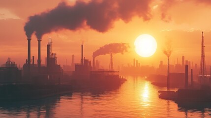 Industrial Facility with Smokestacks Against a Setting Sun .