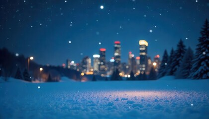 Fototapeta premium Snow-covered park with trees and distant city lights at night Keywords