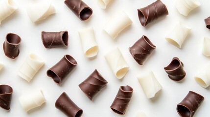85.A scattered arrangement of dark, milk, and white chocolate curls on a white backdrop, each curl differing slightly in size and shape, with light reflecting off the glossy chocolate surfaces.