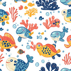 Obraz premium Underwater cartoon seamless pattern, with playful fish, sea turtles, corals, and bubbles, oceanic blues and bright accents, fun and bubbly, great for ocean-themed children’s rooms 