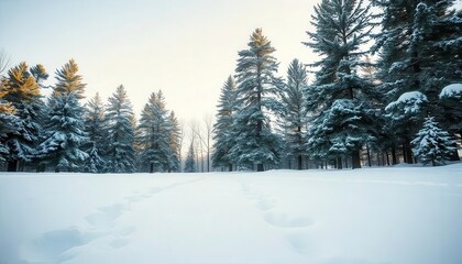 Fototapeta premium Snow-covered landscape with pine trees under a pale morning sky