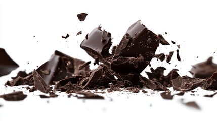 Fototapeta premium 70.A high-resolution shot of dark chocolate pieces isolated on white, with close attention to the fine details of the broken surfaces and a deep, rich color contrast between the chocolate and the