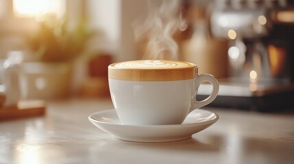 Fototapeta premium A steaming cup of latte art coffee on a cafe table.