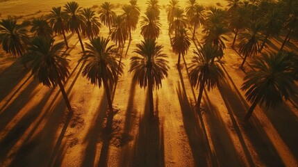 38.A wide-angle shot of multiple date palm trees standing in neat rows, casting long shadows on the desert floor, with the setting sun illuminating the trees in a warm golden hue.