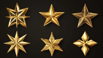 Obraz premium 113.Golden Star Isolated. Christmas Stars of Various Shapes. Realistic 3D Metallic Golden Design Element
