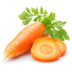 Macro Shot of Whole Carrot with Slices on White Background
