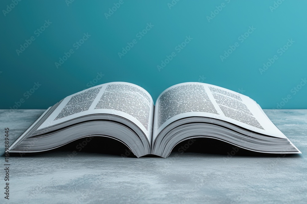 Poster open book with pages spanned on gray surface and teal background