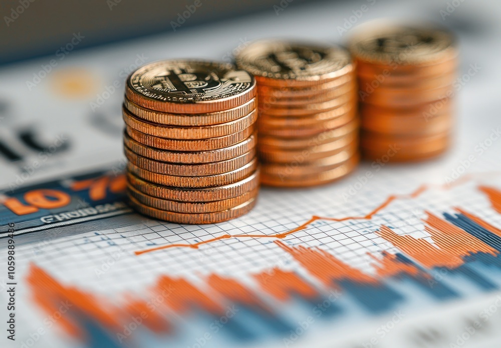 Poster stacks of cryptocurrency coins on a financial graph