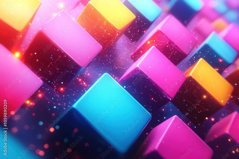 Poster abstract composition of interlocking colorful cubes with glowing lights