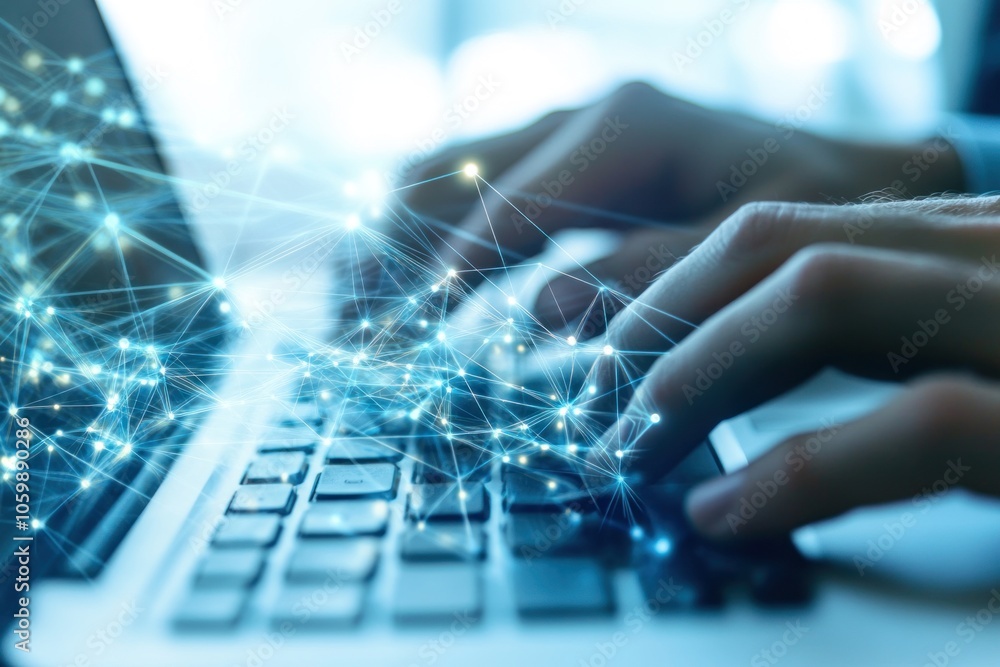 Poster digital network connection - typing on a laptop
