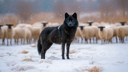 Obraz premium A black wolf stands in a snowy field, facing a flock of sheep. AI.