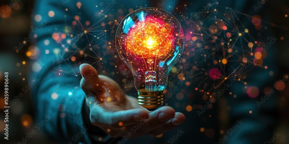 Poster hand holding glowing lightbulb with network inside