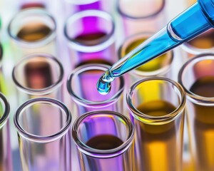 A dropper dispenses blue liquid into a test tube. AI.