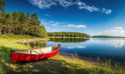 A red canoe sits on the shore of a calm lake. AI.