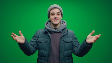 An individual with layered clothing and a welcoming expression engages viewers set against a vivid green background.