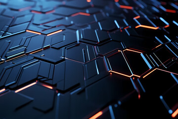 Obraz premium Futuristic hexagonal grid pattern with a vibrant neon glow, ideal for sci-fi themes, technology visuals, and modern digital designs.