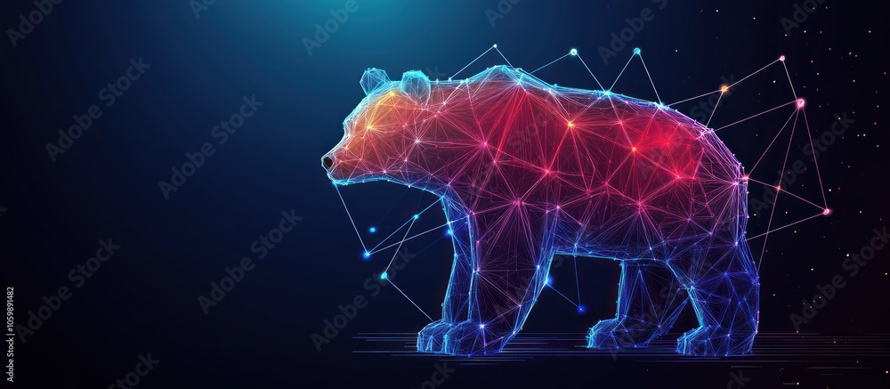 Poster polygonal space low poly bear with connecting dots and lines.