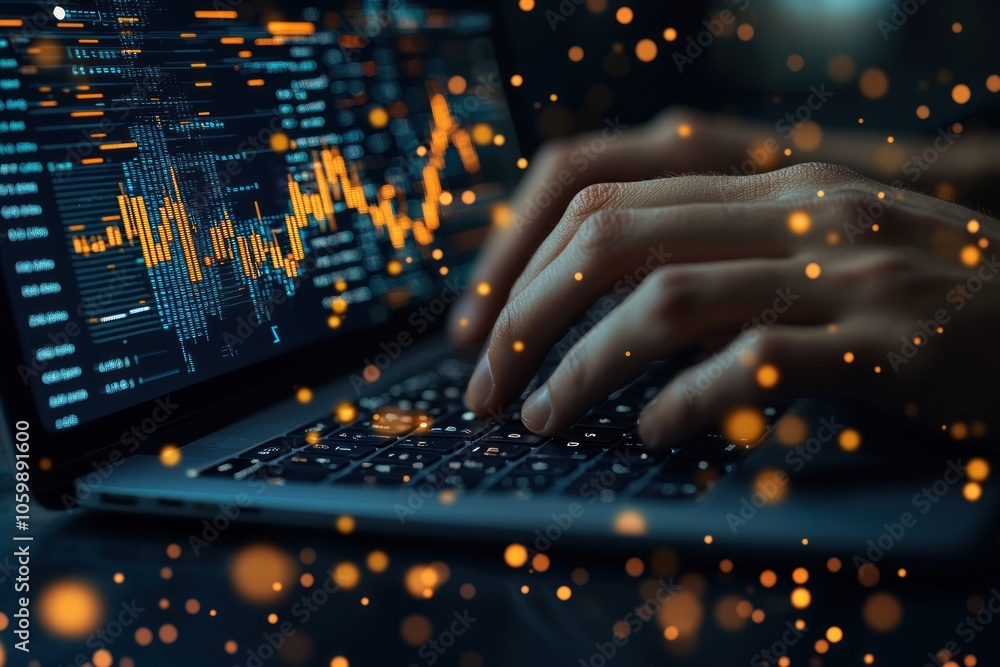 Poster hands typing on laptop with data and lights in background