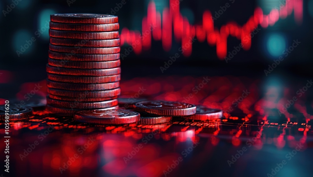 Aufkleber stack of coins with a red background of a stock chart