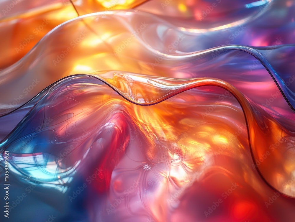 Poster abstract colorful liquid with wavy surface and glowing lights