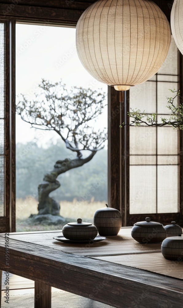 Poster wooden table with decorative items and a view of a tree through a window. ai.