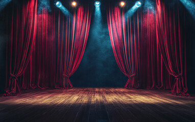 Theater stage with red curtains and spotlights. Theatrical scene in the light background