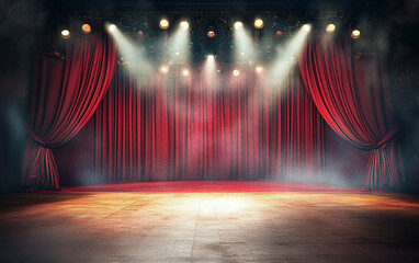 Theater stage with red curtains and spotlights. Theatrical scene in the light background